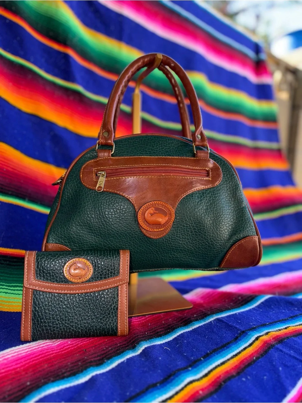 Dooney & Bourke(inspired)Green Leather Satchel with Brown Trim